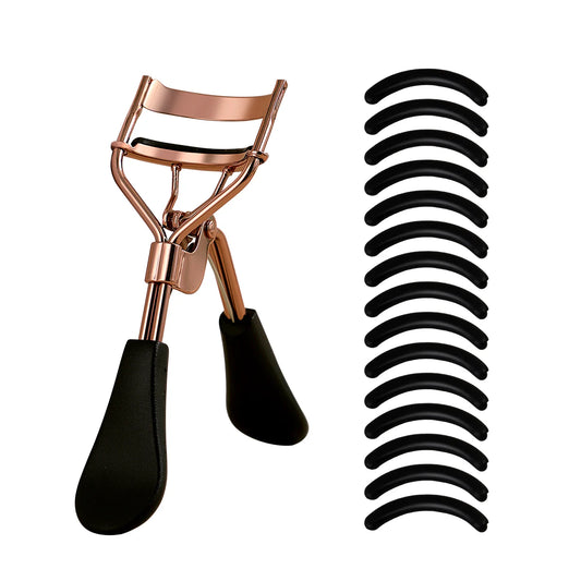 Portable Eyelash Curler with stainless steel frame and soft silicone pads 15 replacement pads included