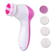 Electric Facial Cleaner 5-in-1 with five interchangeable brush heads and ergonomic handle on white background