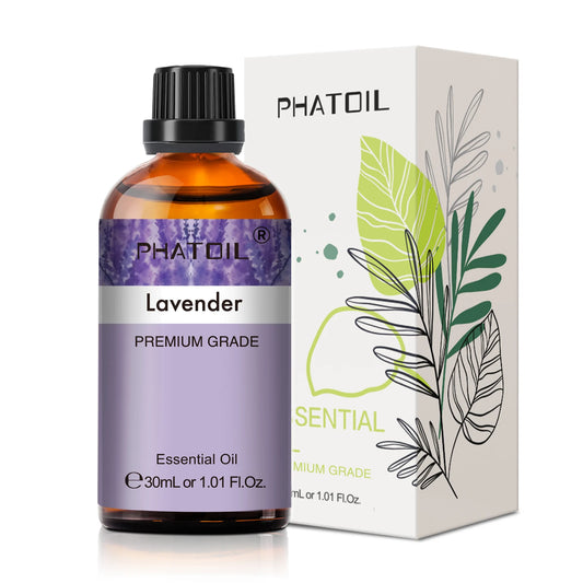 30ml amber bottle labeled Lavender Essential Oil PHATOIL pure plant extract for diffusers and aromatherapy