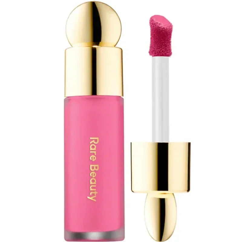 Rare Beauty Soft Pinch Liquid Blush bottle with doe-foot applicator and pink swatch showing matte and shimmer finishes