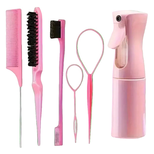 Hair Styling Kit 6-piece with edge control brush teasing brush rat-tail comb braiding loop tool spray bottle styling brush