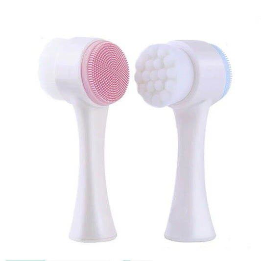 3D Double-Sided Silicone Facial Cleansing Brush with soft silicone bristles and textured massage side